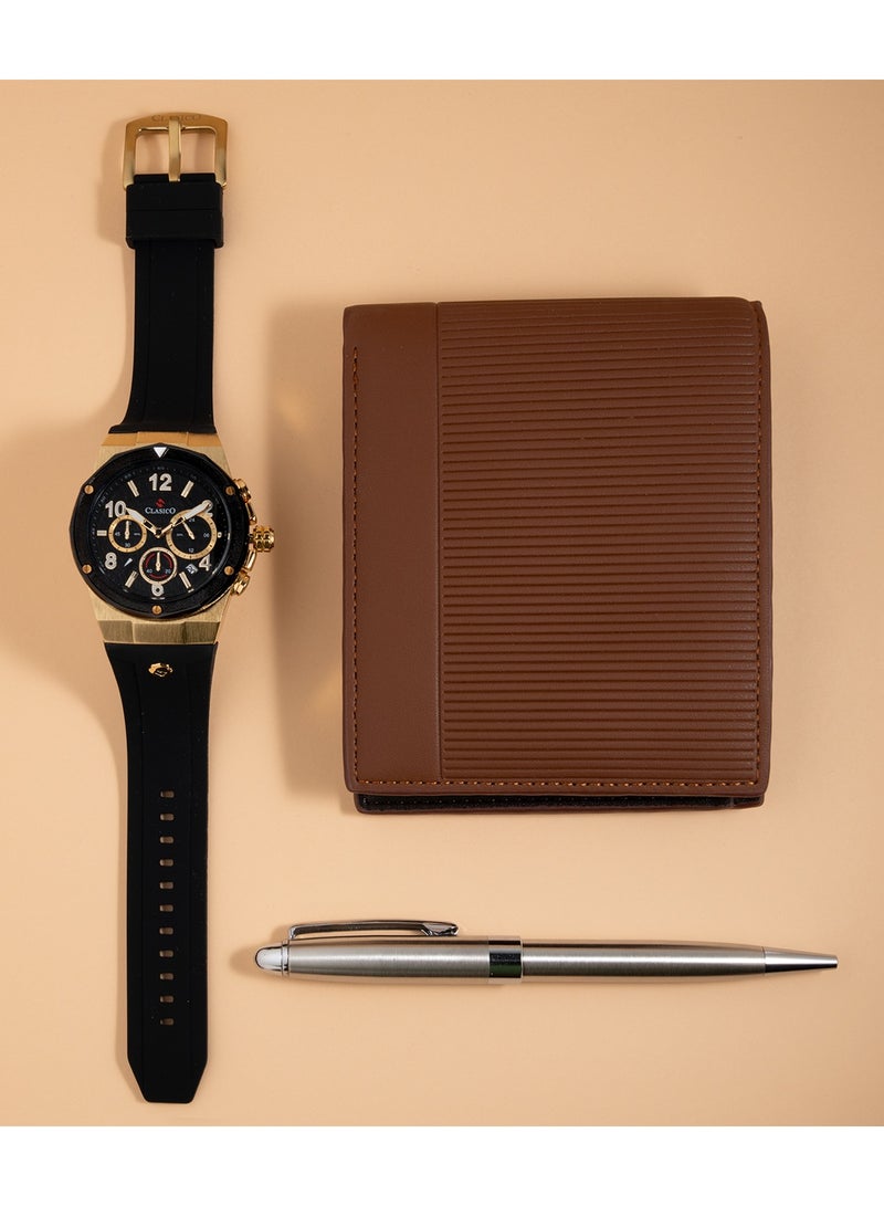 Clasico Men’s Luxury Gift Set – Analog Wrist Watch, Leather Wallet & Metal Pen | Elegant Gift for Men - Image 1